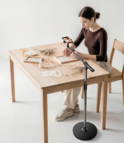 Arsoer Handy Stativ, Overhead Stativ Handy mit 360° Ausziehbaren Arm & Fernbedienung & Handyhalterung, Horizontales Ständer mit Stabile Basis für iPhone 17/16/15/Videoaufnahmen/Live-Streaming