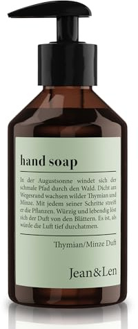 Jean & Len Handseife Thymian & Minze, reinigt beanspruchte Hände, für die tägliche Anwendung geeignet, Flüssigseife im Pumpspender, frischer und aromatischer Duft, vegan, 250 ml