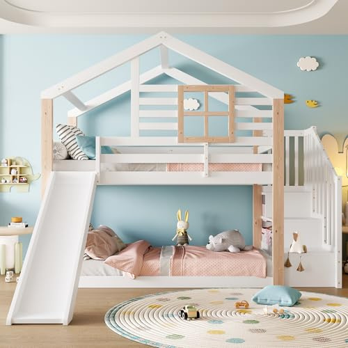 MAMAINI Kinder-Etagenbett Weiß im skandinavischen Stil mit Rutsche, Treppe, Geländer & Stauraum, Massivholz, stabil & sicher, platzsparend, ideal für Geschwister, EN 747-1:2024 Zertifiziert