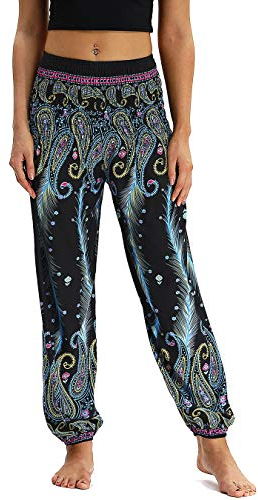 Nuofengkudu Damen Hippie Haremshose Capri Thai Hose Leichte mit Taschen Dünn Boho Ethno Blumenmuster Muster Strand Sommerhose Yogahose Hellblau Pfau A