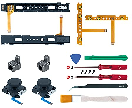 Mcbazel 18 en 1 Kit de Reparación de Repuesto para NS Switch Joy-Con con kit de Destornilladores, Joysticks Analógicos 3D izquierdo-derecho, Bloqueo de hebilla Estuche de accesorios