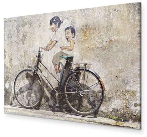murando - Wandbilder Banksy Kids on a Bike 60x40 cm 1 tlg - Wand Deko Vlies Leinwand Bilder Groß Wanddeko Wohnzimmer Schlafzimmer Kunstdrucke - Graffiti Street Art Pop Art Struktur Kinder