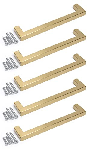 BSM Marketing Gold Finish Square Modern Kitchen Cupboard Cabinet Drawer Bar Door Handle Knob (5, 160mm)