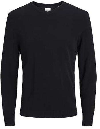 Herren Jack & Jones Dünner Langarm Strickpullover | V-Neck Basic Sweater | Shirt Jumper JJEEMIL, Farben:Schwarz, Größe Pullover:M