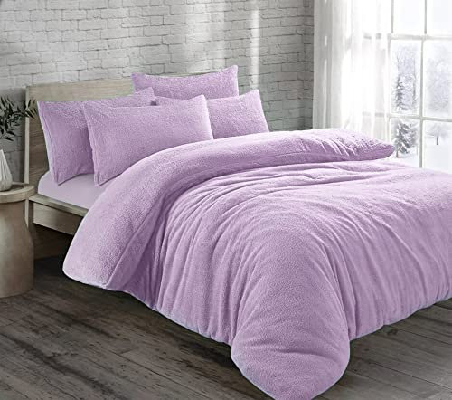 EXQUIZIT HOME Teddy Bear Fleece Duvet Cover Quilt Soft Cosy Warm Bedding Set with Pillowcases Lilac Double 200cm x 200cm Approximate