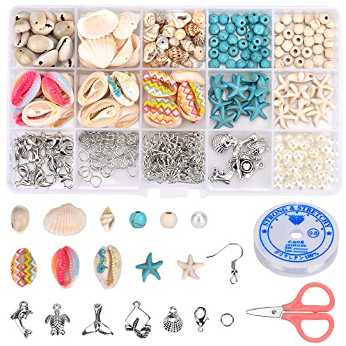 DUOJIN DIY Set mit Perlen zum Basteln Muschel türkis verstellbares Armband Ohrringe, Bohemian-Stil Knöchelkette Handarbeit Halskette für Strand
