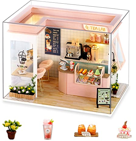 Cuteefun Casa en Miniatura para Montar, Casa de Munecas Miniatura con Muebles, Kit de Casas de Manualidades DIY con Herramientas, Idea de Regalo Creativa (Laboratorio De Té)