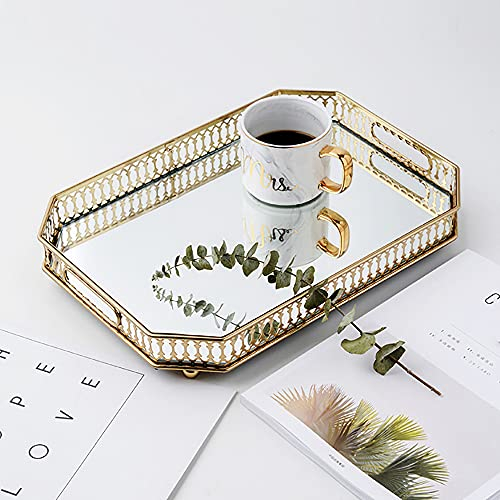 Dekorative Tablett Make-up-Tablett Goldenes Spiegelglas Ablagefach Spiegeltablett Verspiegeltes Dekotablett Serviertablett Schmuck-Parfüm Organizer für Schminktisch, Kommode, Badezimmer (Rechteckig)
