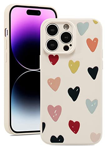 ZTOFERA Compatible with iPhone 14 Pro Case for Girls Women, Soft Flexible Liquid Silicone Protective Phone Case with Cute Love Hearts Pattern Shockproof Bumper Cover for iPhone 14 Pro, Beige