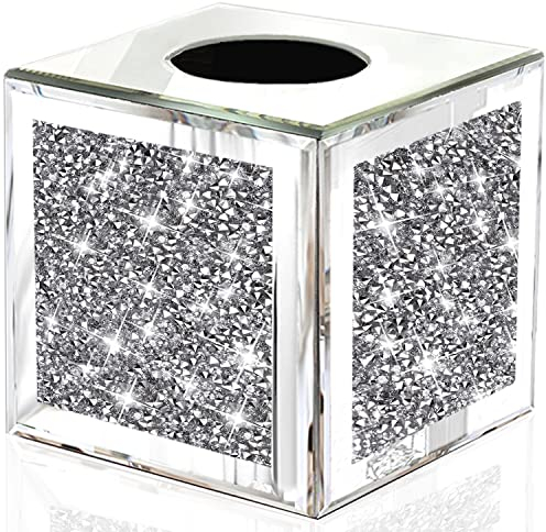 Wocred Quadratische, verspiegelte Taschentuchbox, silberfarben, luxuriöser Taschentuchhalter für Taschentücher im Badezimmer oder Servietten auf einem Tisch. (14x14 cm)