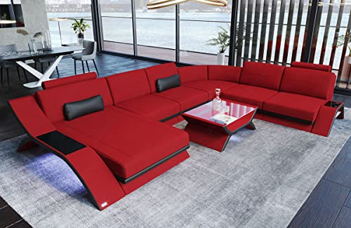 XXL Wohnlandschaft Calabria - mit LED Beleuchtung, verstellbare Kopfstützen, Recamiere/Mikrofaser/Ausrichtung wählbar (Ottomane Links, Schwarz-Rot)
