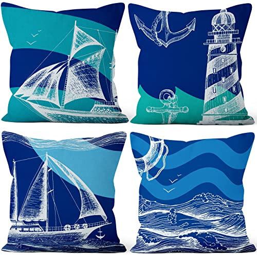 Aoihrraan 41x41cm 4er Set Dekorativ Ozean Navigation Kissenbezug Blau Couchkissen Segelschiff Nautisch Leuchtturm Segelboot Zierkissenbezug Quadratische Dekokissen Schlafzimmer Wohnzimmer Sofa Couch