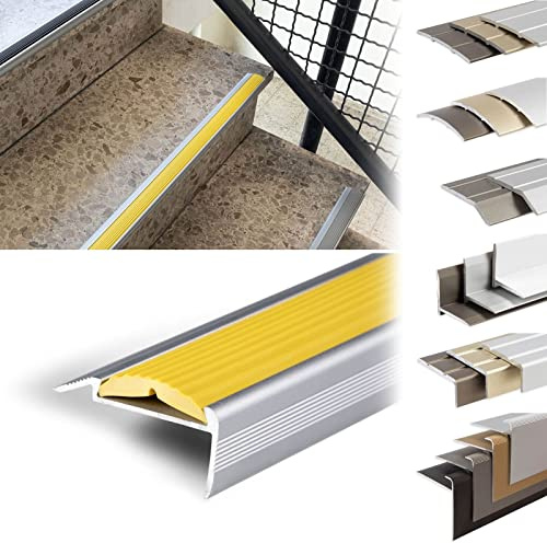 KARAT Stair Nosing Profiles Aluminium Non-Slip with Mounting Material Corner Profiles Powergrip Rubber Yellow 1340 x 42 x 20 mm Pre-Drilled