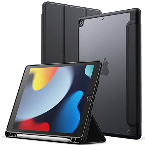 JETech Matt Hülle für iPad 9/8/7 (10,2 Zoll, Modell 2021/2020/2019, 9./8./7. Generation) mit Stifthalter, Mattierte Durchscheinende Rückseite Schlank Ständer Tablet Schutzhülle (Schwarz)