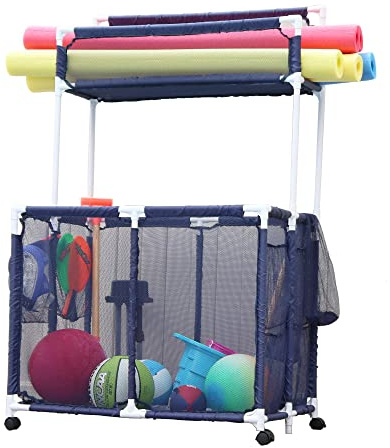 Pool Bins Pool Storage Equipment Organizer Holder - Noodles, Toys, Balls and Floats Mesh Rolling Double Decker Bin, Large with Noodle Rack, (23 L x 35.3 W x 59.4 H), Blue/White