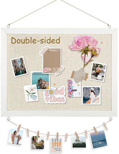 DOLLAR BOSS Pin Board Cork Board with Linen Double-Sided 1 Pack 30 X 40CM | Small Cork Boards for Walls Wood Framed Display Hanging Pin Board, Small Vision Board for Home Kitchen Office 10 Pushpins