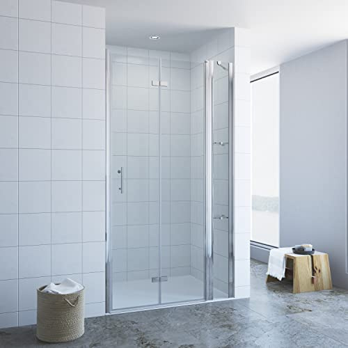 Shower Door with Fixed Part and Corner Shelves Width 95 cm Adjustment Range 93-96 cm Folding Door Swivel Door with Fixed Side Panel Shower Enclosure Shower Screen Glass for Recess Real Glass 6 mm