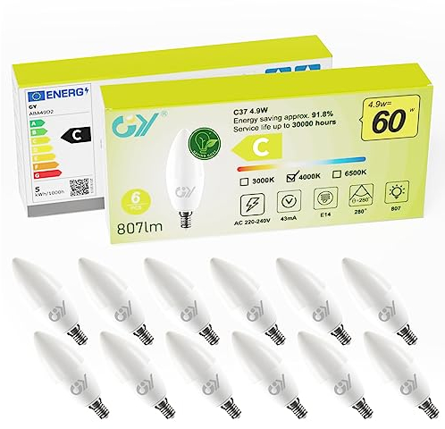 GY Ampoule LED E14 4,9W (équivalent 60W), 807 lumens 4000K Blanc Neutre, C37 Ampoule E14 Efficacité Energétique, E14 LED Non-Dimmable, Lot de 12