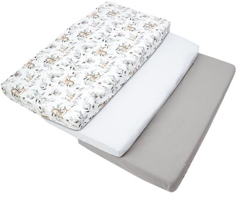 Medi Partners Spannbettlaken 60x120 3-Pack Baby Bettlaken Kinderbett Spannbetttuch 100% Baumwolle - Fitted Kinder Sheet Bettwäsche Babymatratze Schlafsack Babybett (Hirsch in den Blättern-Weiß-Graue)