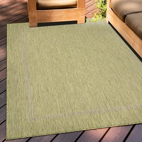 Teppium Outdoor Teppich Wetterfest 300x400 (280 x 370 cm) Grün Sisal Optik - Küchenteppich Waschbar rutschfest, Wasserfest, Bordüre, Pflegeleicht - Ideal für Balkon, Terassen, Garten, Camping, Küche