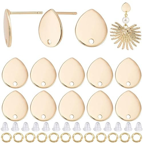 CREATCABIN 20 Stück 18K Vergoldete Messing-Ohrstecker In Tropfenform,Ohrstecker-Zubehör,Ohrstecker-Komponenten,Ohrringpfosten Mit Lochschlaufen,Ohrmuttern Für Die DIY-Schmuckherstellung,0.5x0.4 Zoll
