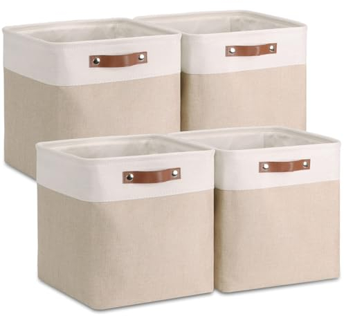VIIHTYISA Aufbewahrungsbox Stoff, 4er Set Cube 30x30x30cm Aufbewahrungsboxen mit Griff aus Leder-Imitat für Würfelregal, Regale, Kleiderschrank | Khaki&Weiß