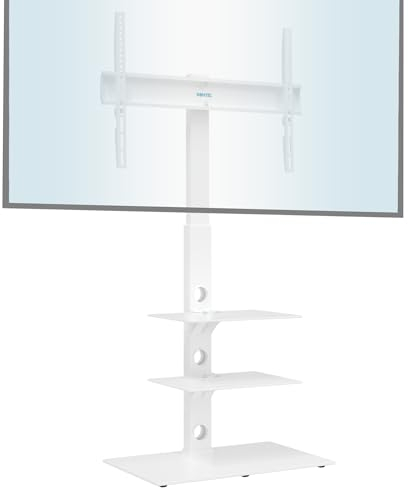 BONTEC Universeller Boden-TV-Ständer in Weiß für 30-70 Zoll LED/OLED/LCD/Plasma-Bildschirme, Höhenverstellbar, mit 3 Ebenen aus Gehärtetem Glas, Traglast bis 40kg, Max. VESA 600x400mm