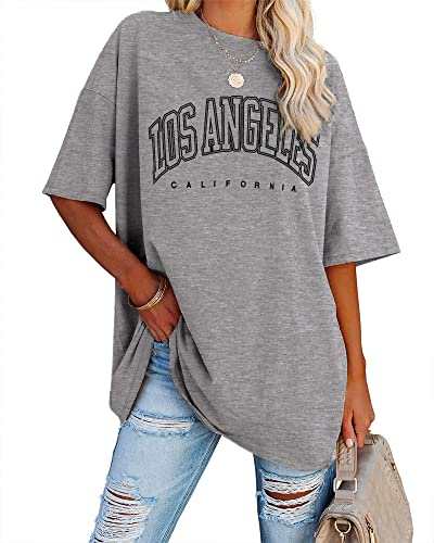 Ebifin Oversize T Shirt Damen Vintage Kurzärmeliges Rundhals Los Angeles Oberteile Tops Casual Lockere Basic Sommer Tee Shirts Bluse.Hellgrau.XL