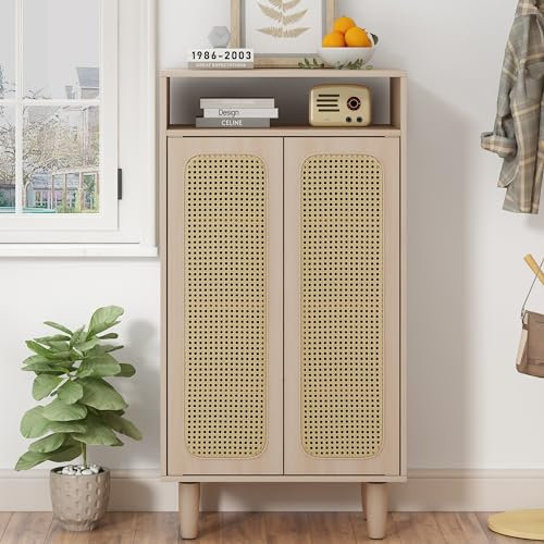 Merax Sideboard mit Rattantüren und verstellbaren Ablagen, Modernen Highboard mit 4 Unterteilt & 1 Offene Ablagefächer, Schubladenschrank, für Esszimmer, Wohnzimmer, Schlafzimmer, Eiche, 60x40x115cm