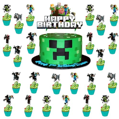 IOSCDH Mine-Craft Tortendekorationen, 25 Stück Mine-Craft Cupcake Toppers, Kindergeburtstag Cupcake Topper, Mine-Craft Früchte Kuchen Dekorationen für Party Geburtstag Baby Shower