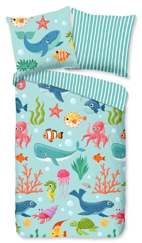 ESPiCO Bettwäsche Trendy Bedding Meereswelt Blau Meerestiere Fische Seestern Streifen Wendeoptik Renforcé, Größe:135 cm x 200 cm