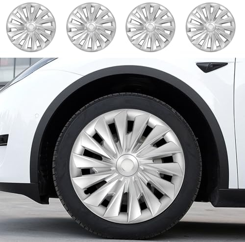 Jiawu 4 Stück, Passend für Radabdeckung, Radkappe 18 Zoll Turbine Style ABS Radkappen Felgenschutz, Felgenabdeckung Ersatz-Nabenkappen für Model 3-Zubehör ab 2023 (Helles