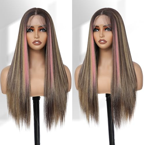 X-Tress Pink Highlight Wig Lace Front Wigs Glueless Long Straight for Women Pre Plucked with Baby Hair 26 Inch Pink Color Forehead Synthetic Lace Front Wig