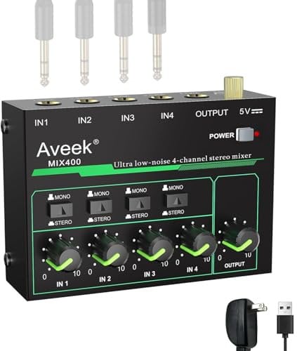 Aveek 4-Kanal Kleinmischpult, Mini 4 Stereo Audio Mixer, rauscharm für präzises Submixing, 1/4’’ TRS Ein-/Ausgang Ideal für Mikrofone/PC/Gitarren/Bass/Bühne