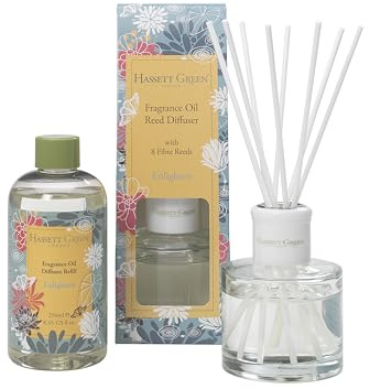 Hassett Green London - Enlighten Patchouli Reed Diffuser & Refill Set - 100ml Glass Diffuser with 8 Fibre Reed Sticks + 250ml Fragrance Oil Refill