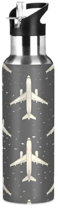 Botella de agua con diseño de avión negro con tapa con pajilla, termo de acero inoxidable aislado para niños y niñas, gimnasio, deportes, a prueba de fugas, 600 ml