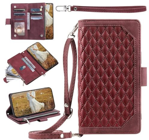 FERLAN Hülle Kompatibel mit OnePlus 7T, Premium Lederhülle Reißverschluss Wallet PU Klappbar Flip Case Tasche Magnet Kartenfach Standfunktion Schutzhülle-Claret