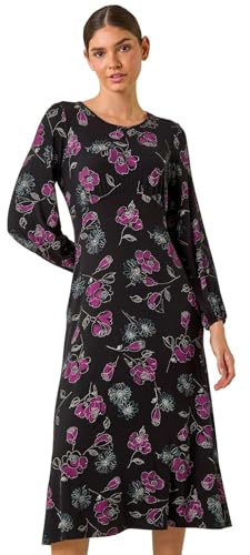 Roman Originals Women Gathered Chest Dress Ladies Stretchy Fit & Flare Swing Tea A Line Skater Knee Length Long Sleeve Midi Smart Casual Work Going Out Cocktail Party - Purple Multi - Size 12