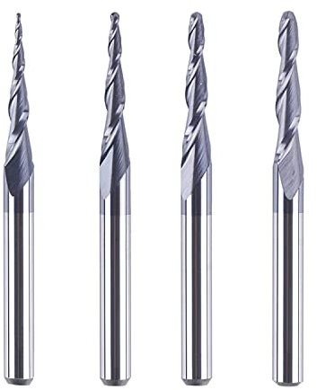SpeTool 4Pcs Spiral End Mill Ball Nose, 0.25–1.0 Tip, 1/8'' Shank, CNC Router Bit Set, TiAlN Coated 2-Flute, Solid Carbide Milling Cutter for 2D and 3D Engraving