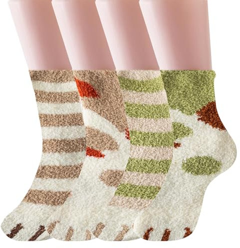 QOMJUFA 4 pares calcetines de peluche para mujer, calcetines de gato, calcetines de invierno, calcetines térmicos, calcetines mullidos para mujer, calcetines de casa forrados