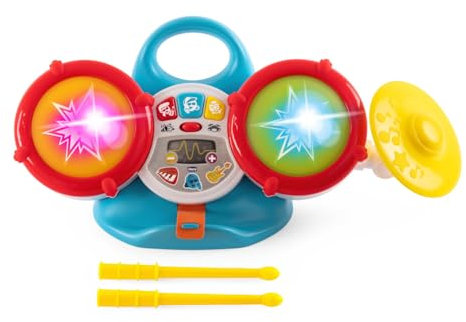 Chicco Mi Primera batería, Juego Musical electrónico, Dos Tambores y un platillo, 2 Baquetas Incluidas, más de 35 Sonidos y melodías, 5 Niveles de Volumen, Luces de Colores, 3 Modos de Juego, 18-36m