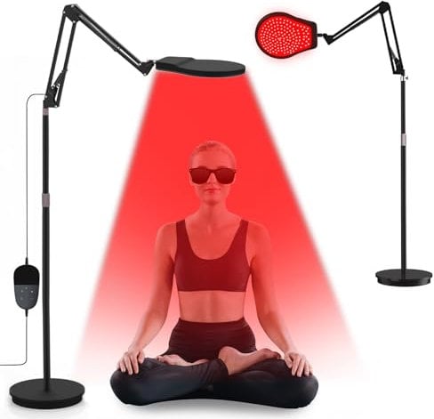 Hottoerak Rotlichtlampe Stehlampe, 940nm & 850nm & 660nm Infrarotlampe, 150 LEDs Rotlicht mit 5 Helligkeitsstufen und 10/20/30Minuten Timer, Höhenverstellbar, Rotlichtlampe für Linderung