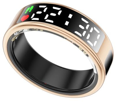 LONGLU Smart Ring for Women Men with LED Display Screen, Fitness Tracker Ring with Heart Rate/Blood Oxygen/Sleep/Sport/ 5ATM Class Waterproof Health Tracker for iPhone & Android (Gold, 11)