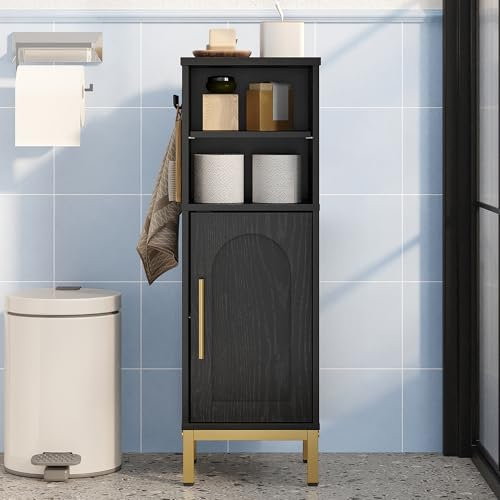 Hzuaneri Meuble de Salle de Bain avec Crochets, Meuble Étroit pour Papier Toilette avec étagères réglables, 26,2 x 26,4 x 80 cm, Armoire sur Pied avec Espace de Rangement Ouvert, Noir SC06304G