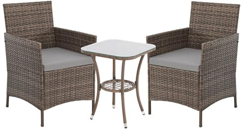SVITA Brooklyn Bistro Gartenmöbelset 3-teilig Rattan Outdoor Gartenlounge Terrasse Balkon Garten Sitzgruppe mit 2 Sesseln und Tisch Braun