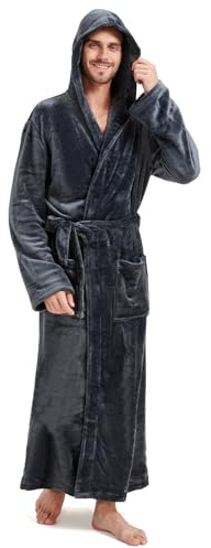 FG FEAYIGUDIM Bademantel Herren Frottee übergröße Kapuze Bathrobe extra Lang Fleece Microfaser Kuschelig Robe(Grau,XXXL)