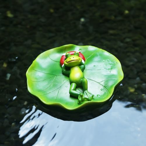 Skeadex Teichdeko Miniteich Schwimmfrosch Figuren,Harz Frosch Gartenfiguren für Draußen Wetterfest,Schwimmdeko Miniteich Frosch Figur mit Lotusblatt,Frosch deko für Garten Zinkwanne Teich Balkon (B)