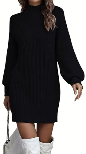 ELFIN Strickkleid Damen Rollkragen Langer Pullover Puff Ärmel Winter Pulloverkleid Freizeitkleid Langarm Strick Kleider Minikleid