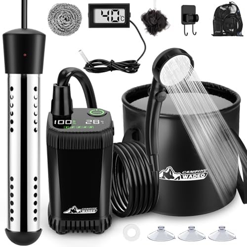 WADEO Douche Portable pour Camping avec Chauffage, Douche Camping Rechargeable Affichage LED Intelligent, Seau Pliable 20L, 4 Modes Pulvérisation, pour Voyage, Bain Animal, Lavage Voiture