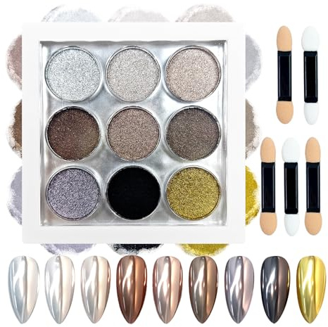 MKNZOME 9 Farben Chrome Nail Powder, Schwarz Silber Gold Braun Crome Pulver Nägel, Nagelpuder Nailart mit Sponge Brush Applikator, für DIY Nagelstudios zum Selbermachen, Nageldesign, D
